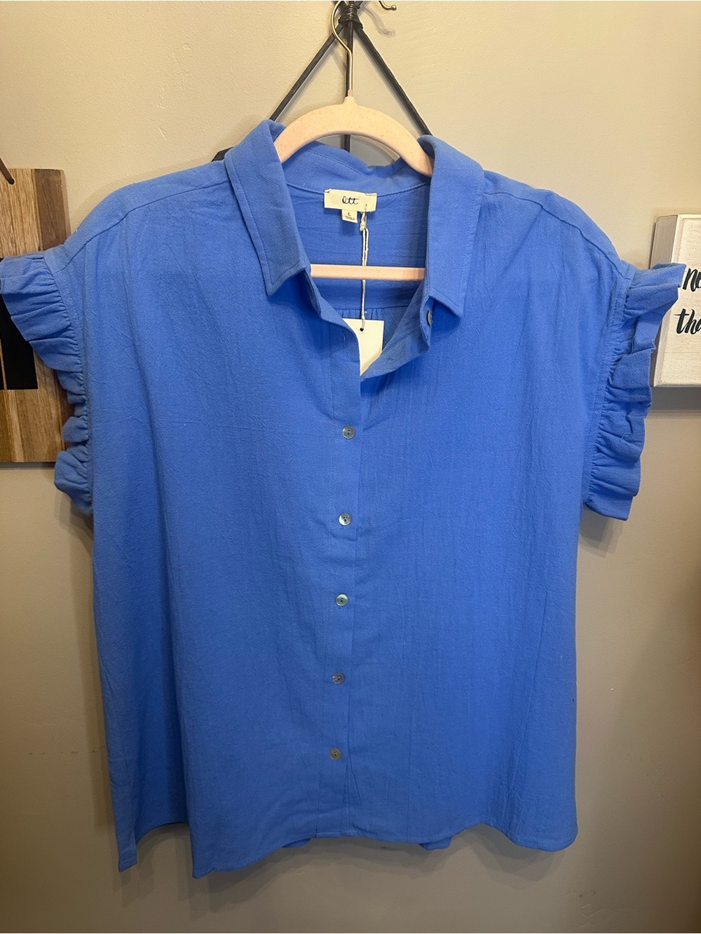 Button-Front Ruffle Sleeve Shirt in Blue by OTT
